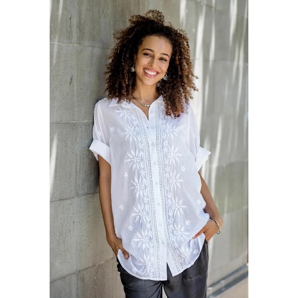 Novica Tops - Novica S Chikankari Embroidered White Cotton Button‎ Front Blouse India Boho